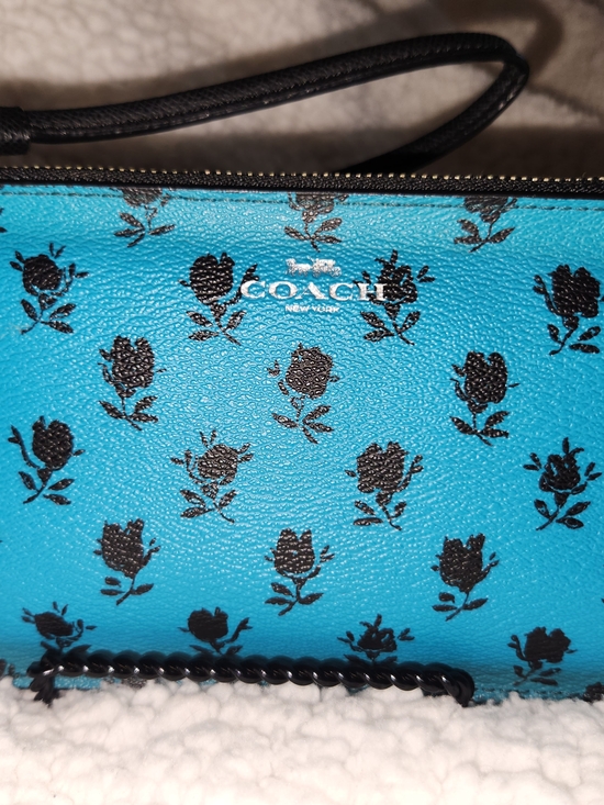 Coach Handbags - COACH Badlands Turquoise Floral-Print Wristlet with Black Roses